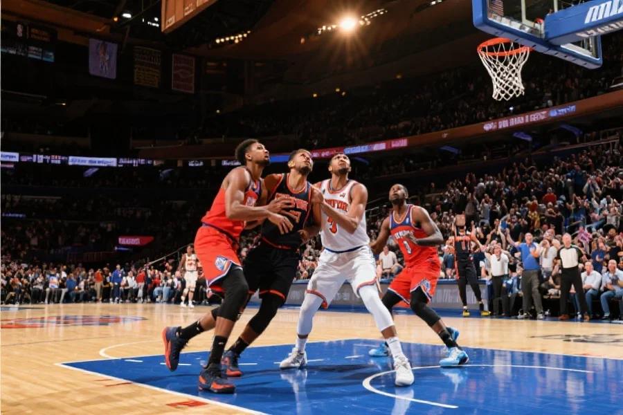 两个顶级NBA球队激烈对抗的现场图像，球员拼抢、观众热情呐喊，气氛紧张，画面色彩鲜明